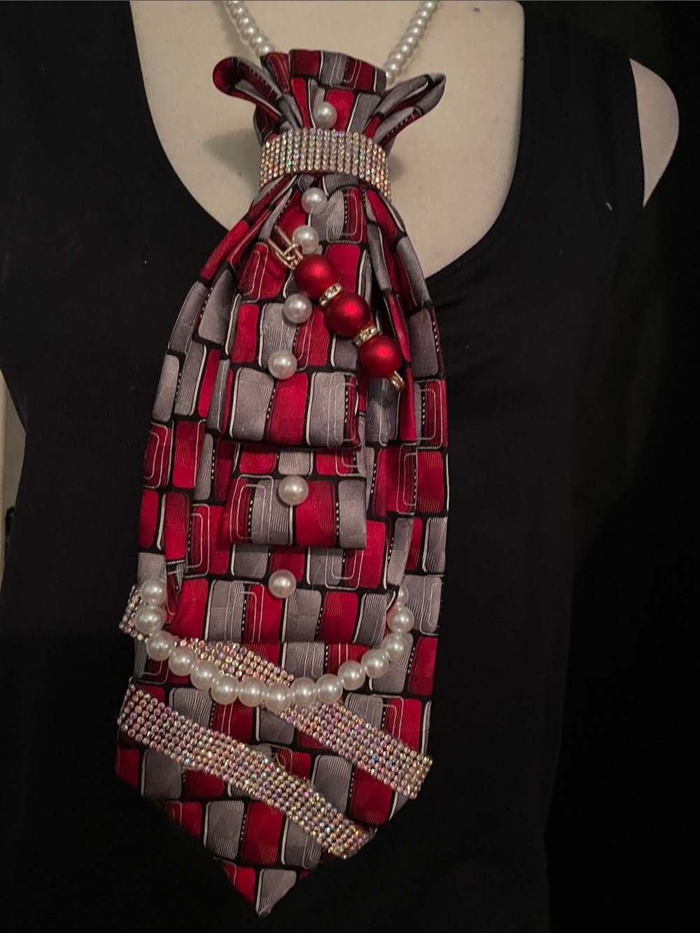 Red and Gray Statement Tie Pendant Necklace with Pearls and Rhinestones